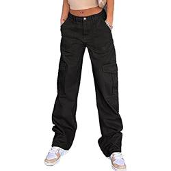 Damen Harajuku Style Hosen Multi-Pocket Stretch Cargo Jeans High School Taille Mode Hosen Loose Casual Jeans Boyfriend Street Pants (Schwarz,L) von Yeooa
