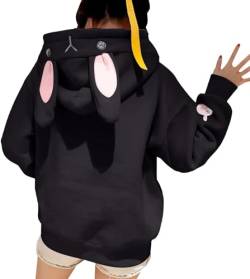 Damen Kapuzenpulli Y2K Jugend lässig Langarm Kawaii Hasenohren Herbst und Winter Warm Hoodie Street Fashion Übergröße Pullover mit Tasche (Schwarz,XXL) von Yeooa