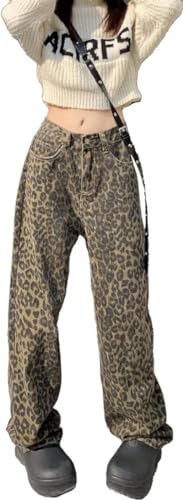 Damen Leopard Hose Gothic Leopard Straight Casual Jeans y2k Hip Hop Casual Jeans Street Style Straight Leopard Casual Jeans (Leoparden-Druck,M) von Yeooa