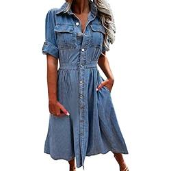 Damen Sommer Freizeit Kleid langärmlig mit Jeansstoff Knopfleiste hoher Taille A-Linie und Taschen Jeanskleid (A-Blau,XL) von Yeooa