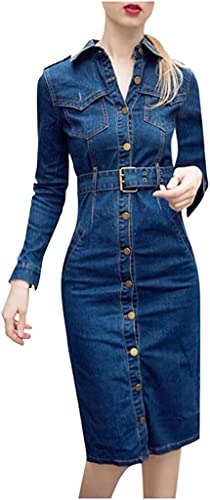 Damen Sommer Freizeit Kleid langärmlig mit Jeansstoff Knopfleiste hoher Taille A-Linie und Taschen Jeanskleid (B-Blau,L) von Yeooa