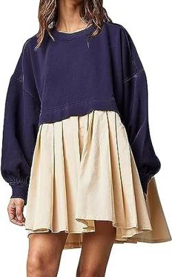 Damen Sweatshirt-Kleid Rüschenkapuzenkleid Langarm Rundhalsausschnitt Pullover Langes Oberteil Y2K Mode Lockere Passform Sweatshirt Swing Lässige Minikleider (Blau,L) von Yeooa