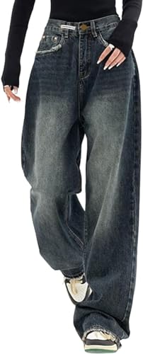 Damenhose Teenager hohe Taille gerade Jeans Jogginghose Jogger Trendige Hose mit weitem Bein lockere Hip-Hop-Jeans Y2K-Stil Vintage-Mode Jeans Teenager-Streetwear (Blau,XL) von Yeooa