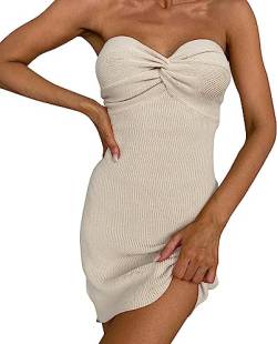Frauen Sommermode Minikleid sexy rückenfreies A-Linien-Kleid eng anliegendes Gerafftes trägerloses Kleid Party-Cocktail-Kleid (Beige,S) von Yeooa