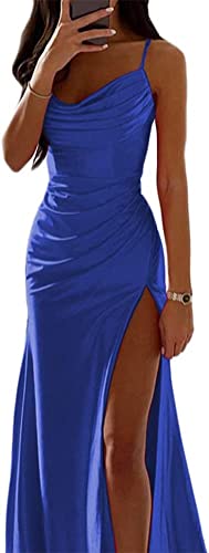 Frauen Spaghetti Strap Satin Kleid Elegante Meerjungfrau Kleid Lange A Linie Ärmelloses Kleid Sexy Hüfte Off Schulter Kleid Schlitz (Blau,XL) von Yeooa