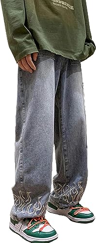 Herren Harajuku Jeans locker Retro Hip-Hop Jeans lässige gerade Weite Hosen mit Taschen Modische Streetwear (Blau,L) von Yeooa