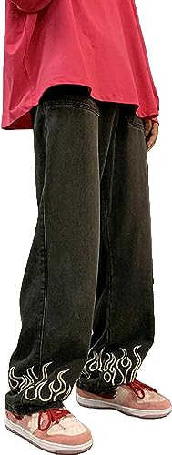 Herren Harajuku Jeans locker Retro Hip-Hop Jeans lässige gerade Weite Hosen mit Taschen Modische Streetwear (Schwarz,S) von Yeooa