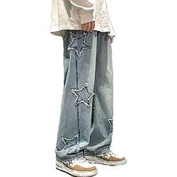 Herren Lose Gerade Weites Bein Lässige Denim Hose Gerade Bedruckte Hip Hop Jeans Grafik Jeans Vintage Jeans Slip On Hose Streetwear Hose (Blau,M) von Yeooa