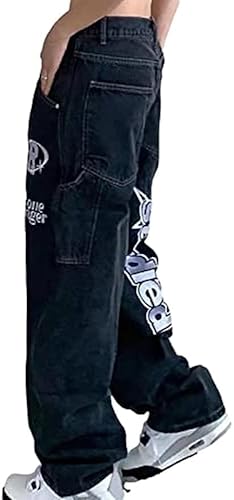 Herren Unisex Baggy Jeans Herren Vintage Hip Hop Hosen Y2K Gewaschene Oversize Straight Jeans für Schule Reisen Outdoor-Sport und Streetwear (Schwarz,L) von Yeooa