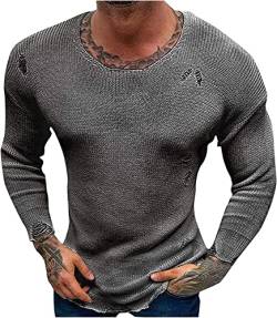 Herren V-Ausschnitt langärmelig Mode Loch Stricken Pullover T-Shirt Shirt lose solide Farbe dünnen Abschnitt unten Shirt atmungsaktiv leichtes Sweatshirt (Grau,L) von Yeooa