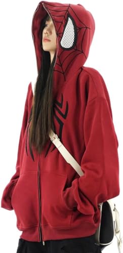 Y2K Hoodie Unisex Retro Spider Print Reiß Verschluss Kapuzen-Sweatshirt Übergroße Sweatshirt Mode Streetwear (Rot,L) von Yeooa