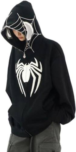 Y2K Hoodie Unisex Retro Spider Print Reiß Verschluss Kapuzen-Sweatshirt Übergroße Sweatshirt Mode Streetwear (Schwarz,L) von Yeooa