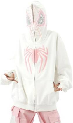 Y2K Hoodie Unisex Retro Spider Print Reiß Verschluss Kapuzen-Sweatshirt Übergroße Sweatshirt Mode Streetwear (Weiß,L) von Yeooa