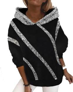 Yeooa Damen 2023 Herbst- und Winter-Mode-Hoodie lässig langärmelig Pailletten Glitzer Kapuzen-Sweatshirt große Größe lockerer Pullover Sweatshirt Trendige Kleidung (Schwarz,XXL) von Yeooa