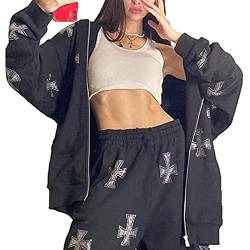 Yeooa Damen 2er-Set mit Reißverschluss Jacke übergroßen Kreuz Strass Kappe + Jogginghose Kapuzen-Sweatshirt High Street Harajuku Kleidung (Schwarz,XL) von Yeooa