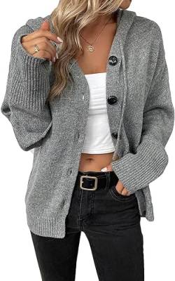 Yeooa Damen Kapuzenpulli lässig langärmelig Dicke Strickjacke Mode V-Ausschnitt Kordelzug Kurze Strickjacke Feste Farbe Herbst und Winter Jacke mit Schnalle Pullover (Grau,L) von Yeooa