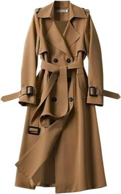 Yeooa Damen Langer Trenchcoat Leichte Zweireiher Jacke Slim Fit Klassische Winterjacke Schlichtes Revers Winddichte Übergangsjacke mit Knopftaschen Jacke (Khaki,L) von Yeooa