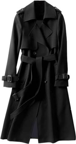 Yeooa Damen Langer Trenchcoat Leichte Zweireiher Jacke Slim Fit Klassische Winterjacke Schlichtes Revers Winddichte Übergangsjacke mit Knopftaschen Jacke (Schwarz,L) von Yeooa