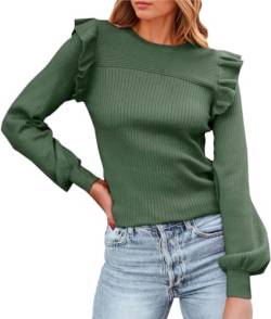 Yeooa Damen Rüschen Schulter Langarm Pullover Herbst Winter gerippt Top Leichtes Pullover Basic Top (Green,M) von Yeooa