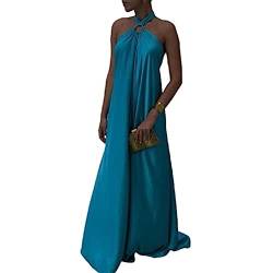 Yeooa Damen Sexy Halfter trägerloses Bodenlanges Kleid einfarbiges Kleid mit großem Schwung Elegantes ärmelloses Abendkleid für Partys (Blau,XL) von Yeooa