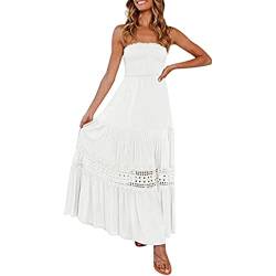 Yeooa Damen Sexy trägerloses Schulterfreies rückenfreies Kleid mit Spitzenpatchwork ärmellos in einfarbigem langem Kleid für Urlaubsparty (Weiß,L) von Yeooa