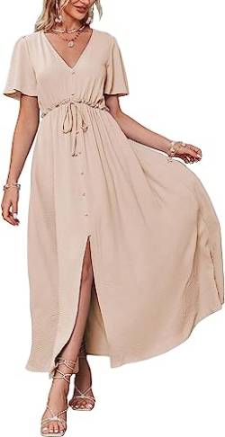 Yeooa Damen Sommer Freizeit einfarbiges V-Ausschnitt Kurzarm luftiges Kleid mit hohem Bund gebundenem Saum und offenem Boho-Langkleid (Aprikose,S) von Yeooa