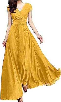 Yeooa Damen Sommer Kleid mit hohem Taillenbund ärmellos V-Ausschnitt Kurze Ärmel Elegantes großes Schwingkleid einfarbiges Cocktailkleid mit Taillenbund (Gelb,L) von Yeooa