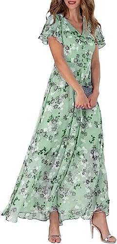 Yeooa Damen Sommerkleid aus Chiffon mit V-Ausschnitt Rüschen Blumenmuster kurzen Ärmeln hohem Taillenmuster Blumenkleid Bankett-Kleid (Grün,3XL) von Yeooa
