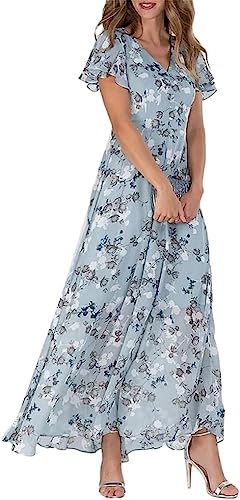 Yeooa Damen Sommerkleid aus Chiffon mit V-Ausschnitt Rüschen Blumenmuster kurzen Ärmeln hohem Taillenmuster Blumenkleid Bankett-Kleid (Hellblau,L) von Yeooa