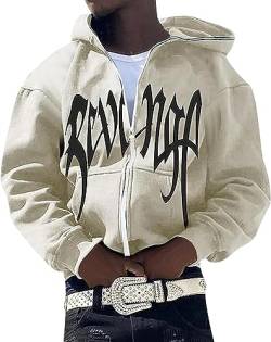 Yeooa Herren-Fashion-Zipper-Hoodie locker geschnittenes Kapuzensweatshirt mit Langen Ärmeln und Vintage-Harajuku-Kapuzensweatshirtjacke (Beige,L) von Yeooa
