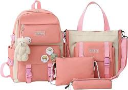 Yeooa Kinderschulranzen-Set, 4-teilig lässiger Schüler personalisierte Kinder-Tasche inklusive Federmäppchen Schultertasche mit niedlichen Anhängern (Rosa,Eine Größe) von Yeooa