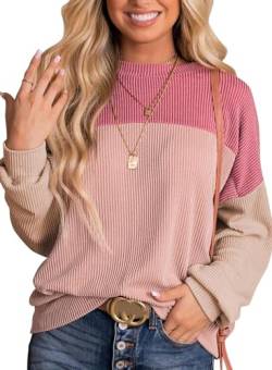 Yeooa Niedliche Damen Pullover Damen-Herbst Pullover Bunt Blocking Langarm-Tops Strick Pullover Sweatshirt (Rosa,XXL) von Yeooa