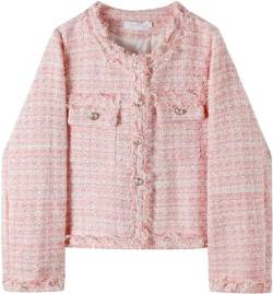 Yeooa Rosa Karierter Tweed-Blazer für Damen Elegante Arbeitsbekleidung Schlanke Jacke Modisch Vielseitig Tweed-Blazer Elegant Kariert Gekürzte Jacke (Pink,M) von Yeooa