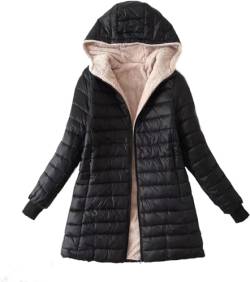 Yeooa Warme Winterjacke für Damen modische Kapuze Fleece gesteppt verstaubar Daunenparka Oberbekleidung lässig warm leicht Windjacke Übergangsjacke (Schwarz,XL) von Yeooa