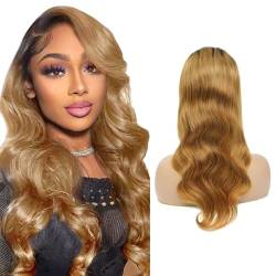 YesJYa Ombre Lace Front Wig Blond Echthaar Perücke Brazilian Hair Wigs 150% Density 13x4x1 Middle Part Lace Frontal Wig 1B/27 Colored Body Wave Wig With Baby Hair 28 Zoll von YesJYas