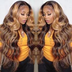 YesJYas Echthaar Perücke Ombre Lace Front Wig Brazilian Virgin Hair Wig 4x4 Lace Closure Wigs Body Wave Wig P4/27 Honey Blonde Colored Wig With Baby Hair 20 Zoll von YesJYas