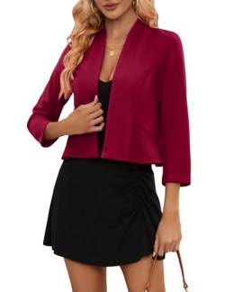 YesPerfect Damen Blazer Elegant 3/4 Arm Business Longblazer Slim Fit Sportlich Blazer Sakko Casual Büro Jacke Arbeit Blazer Anzug S-2XL,M,Winerot von YesPerfect