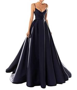 Yesgirl Abendkleid Damen Elegant Lange Ballkleider Satin A-Linie Cocktailkleider Hochzeit Festtagskleid Sexy Spaghetti Brautkleid V-Ausschnitt Prinzessin Maxikleid A Blau6 S von Yesgirl