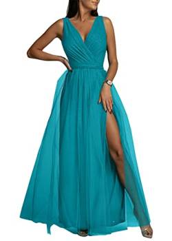 Yesgirl Abendkleid Damen Elegant Lange Ballkleider V-Ausschnitt Cocktailkleider mit Schlitz Brautjungfernkleider Sexy Ärmelloses A-Linie Abendkleid Maxikleid A Blau S von Yesgirl