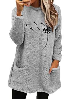 Yesgirl Damen Fleece Pullover Winter Warme Unterhemd Sweatshirt Gefüttert Langarmshirt Plus Dicker Plüsch Shirts Oberteil Bedruckt Lamm Kaschmir Pulli A Grau S von Yesgirl