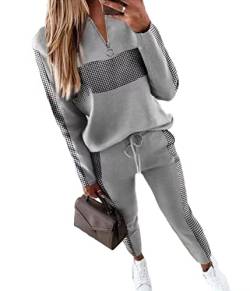 Yesgirl Damen Jogginganzug Zweiteiler Outfit 2 Stück Trainingsanzug Set 2 Teilig Freizeitanzug Sportanzug Colorblock Sweatshirt + Jogginghose Sportswear Sportbekleidung Tracksuit B Grau XL von Yesgirl