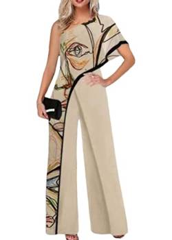 Yesgirl Damen Jumpsuit Elegant Kurzarm Playsuit Schulterfrei Lang Overall Hosenanzug Casual Lose Drucken Playsuit Ärmellos Taille Romper Sommer A Khaki 3XL von Yesgirl