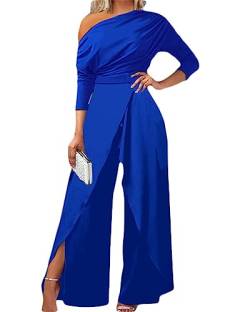 Yesgirl Damen Jumpsuit Elegant Langarm Playsuit Schulterfrei Lang Overall Hosenanzug Casual Lose Drucken Playsuit Hohe Taille Romper Sommer B Blau L von Yesgirl