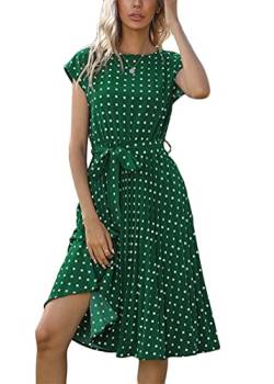 Yesgirl Damen Kleid Casual Polka Dot Kleid Rundhals Kurzarm Sommerkleid Boho Midi Kleider Elegant Freizeitkleid mit Gürtel Strandkleid Wickelkleid mit Plissee B Dunkelgrün XXL von Yesgirl