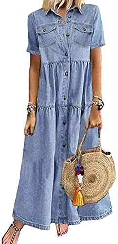 Yesgirl Damen Kleider Boho Sommerkleid V-Ausschnitt Maxikleid Kurzarm Strandkleid Lang mit Schlitz 01 E Blau L von Yesgirl