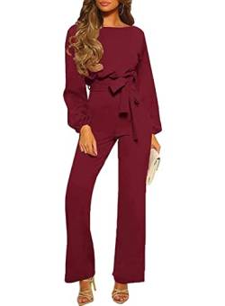 Yesgirl Damen Lang Jumpsuit Elegant Langarm O-Ausschnitt Playsuit mit Gürtel Overall Hosenanzug Einfarbig Romper Casual Lose Jumpsuit Frühling und Herbst A Rot S von Yesgirl