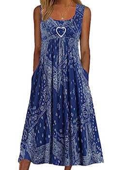 Yesgirl Damen Lange Kleid Rundhals Elegant Freizeitkleider Ärmellose Casual Kleid A Linie Midi Kleid Hohe Taille Midikleid B Blau M von Yesgirl