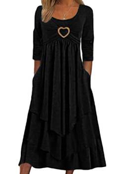 Yesgirl Damen Lange Kleid Rundhals Elegant Freizeitkleider Langarm Casual Kleid A Linie Midi Kleid Hohe Taille Einfarbig Midikleid Kuchenkleid Herbst Kleider mit Rüschen A Schwarz XXL von Yesgirl