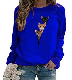 Yesgirl Damen Sweatshirt Langarmshirt Mit 3D Drucken Katzenmuster T-Shirt Oberteile Herbst Winter Rundhals Bluse Casual Loose Pullover Shirts Hemd Top B Blau 2XL von Yesgirl