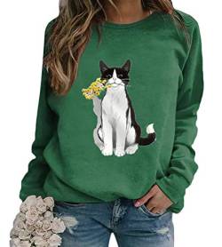 Yesgirl Damen Sweatshirt Langarmshirt Mit 3D Drucken Katzenmuster T-Shirt Oberteile Herbst Winter Rundhals Bluse Casual Loose Pullover Shirts Hemd Top D Grün 2XL von Yesgirl